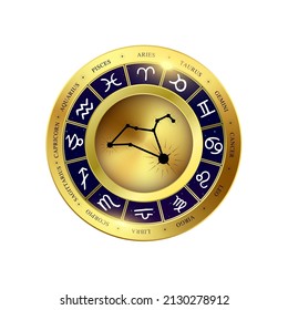 Leo zodiac coin. Witchcraft astrology for zodiac constellations. Modern magic divination. Gold coins sign isolated on a white background esoteric. Realistic 3D vector EPS10 illustration.