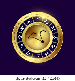 Leo zodiac coin. Witchcraft astrology for zodiac constellations. Modern magic divination. Gold coins sign isolated on a blue background esoteric. Realistic 3D vector EPS10 illustration.