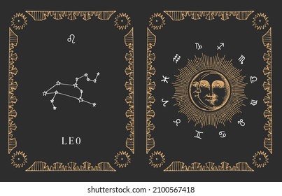 Leo zodiac constellation on black background, drawn horoscope card in engraving style. Vintage illustration of astrological sign with Sun and Crescent in vector.
