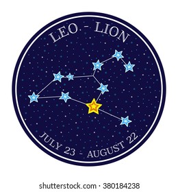 Leo zodiac constellation in space. Cute cartoon style vector illustration. Round emblem with zodiac sign name and dates