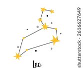 Leo Zodiac constellation. Vector isolated astrological sign, symbol, element. Constellation scheme with cute stars and doodles. Simple design of clipart illustrations.
