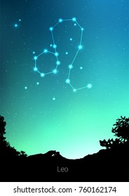 Leo zodiac constellations sign with forest landscape silhouette on beautiful starry sky with galaxy and space behind. Leo horoscope symbol constellation on deep cosmos background. Card design