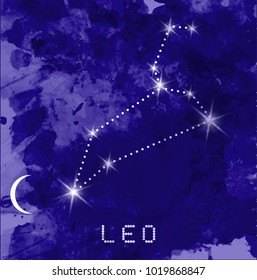 Leo zodiac constellations sign on beautiful starry sky with galaxy and space behind. Lion horoscope symbol constellation on deep cosmos background. vector watercolor style 
