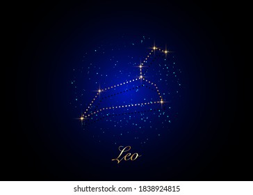 Leo zodiac constellations sign on beautiful starry sky with galaxy and space behind. Gold Lion horoscope symbol constellation on deep cosmos background
