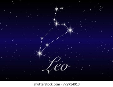 Leo zodiac constellations sign on beautiful starry sky with galaxy and space behind. Lion horoscope symbol constellation on deep cosmos background.