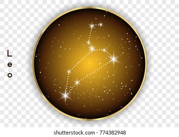 Leo zodiac constellations sign on beautiful starry sky with galaxy and space behind. Lion horoscope symbol constellation on deep cosmos background. Vector isolated 