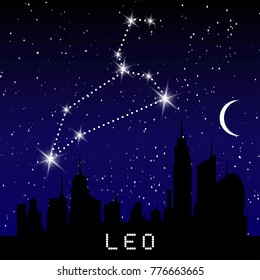 Leo zodiac constellations sign on beautiful starry sky with galaxy and space behind. Lion horoscope symbol constellation on deep cosmos background.