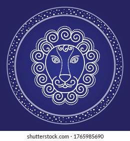 Leo zodiac emblem in starry circle isolated on blue. Head of lion astronomy and birthday element. Constellation of animal mythology sign in round shape. Horoscope card with star character vector