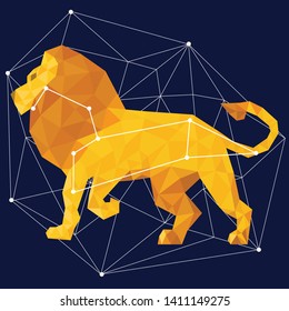 Leo zodiac golden vector sign on the dark blue background. Vector horoscope symbol leo for astrology predictions. Gold design zodiac sign of horoscope constellation vector stars