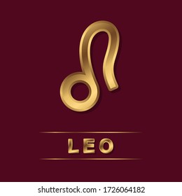 Leo zodiac golden vector sign with gold letters on the dark red background. Isolated vector horoscope symbol for design