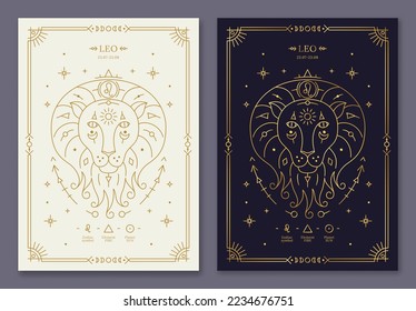 Leo zodiac horoscope golden signs on dark navy and white cards set. Stylized symbols of esoteric, zodiacal astrological calendar, horoscope constellation, cover design thin line vector illustration