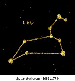 Leo zodiac horoscope sign, astrology simbol in golden shiny glittered style on black sky background.