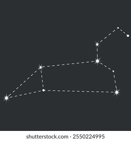 Ícone do zodíaco Leo com linha e ponto. Ilustração vetorial plana detalhada das constelações do horóscopo do zodíaco no topo de um fundo escuro da estrela. Desenhado à mão	