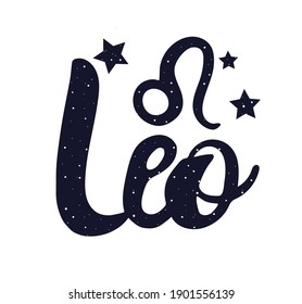 Leo zodiac lettering sign. Handwritten astological card text. Typography font horoscope symbol icon. Astrology sticker. Astronomy badge. Stock illustration. Lettering text. Stars and patterns.