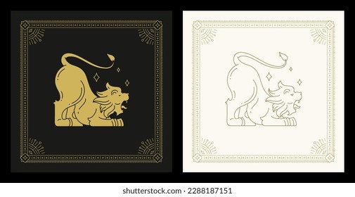 Leo zodiac roaring astrology animal character line art deco vintage card set vector illustration. Lion wild predator with mane horoscope mythology esoteric lunar calendar celestial decorative design