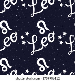 Leo zodiac seamless pattern. Hand painted lettering  . Repeating leo  sign with stars on a black background. design for textile, wallpaper, fabric, decor.