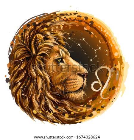 Leo. Zodiac sign. Artistic, color, drawn image of the zodiac Leo with a symbol and star scheme in watercolor style on a white background. Foto stock © 