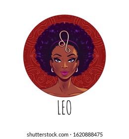 Leo zodiac sign artwork, beautiful girl face, horoscope symbol, star sign, vector illustration
