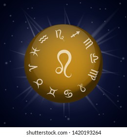 Leo zodiac sign. Astrological horoscope. Vector illustration banner. Outer space background. Elements of Fire