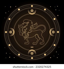Leo zodiac sign, astrological horoscope sign in a mystical circle with moon, sun and stars. Golden design, vector	
