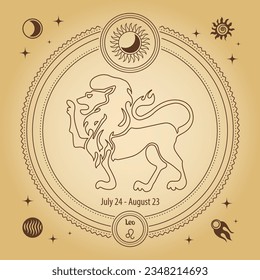 Leo Zodiac sign  astrological horoscope sign  Outline drawing in decorative circle and mystical astronomical symbols  Vector	