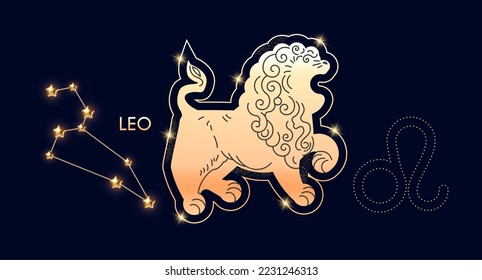 Leo. Zodiac sign, beast and connstellation oh blue background
