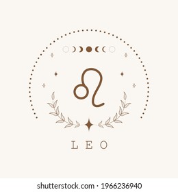 Leo. Zodiac sign in boho style. Astrological icon isolated on white background. Mystery and esoteric. Horoscope logo vector illustration. Spiritual tarot card.