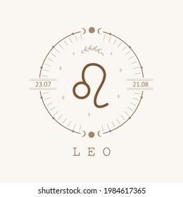 Leo. Zodiac sign in boho style. Astrological icon isolated on white background. Mystery and esoteric. Horoscope logo vector illustration. Spiritual tarot card.