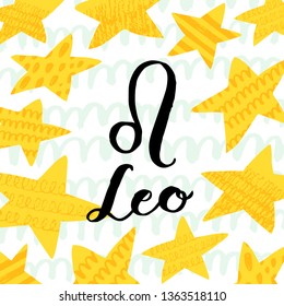 Leo zodiac sign with brush lettering and cute star background. Handwritten typography. Horoscope sign. Ready-to-print design template. Clothes badge,icon,logo,banner,tag. Vector illustration.