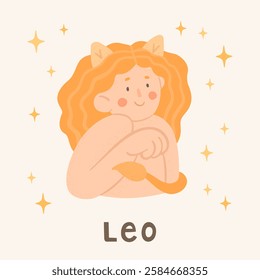 Leo - zodiac sign. Cartoon vector illustrations in flat style. Beautiful woman with lion tail and ears. Astrology symbol. Template for greeting card or banner