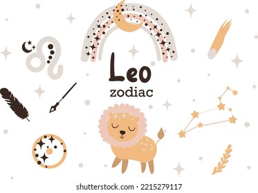 Leo zodiac sign clipart - cute kids horoscope, zodiac stars, constellation, rainbow, planet, leaves, arrow and comet isolated Vector illustration on white background. Cute vector astrological characte