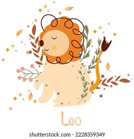 Leo Zodiac sign with colorful leaves and stars around. Cute Leo perfect for posters, logo, cards. Astrological Leo zodiac. Vector illustration.