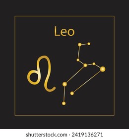 Leo Zodiac Sign and Constellation, gold icon isolated on black background.