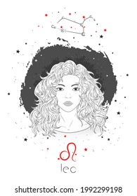 Leo zodiac sign and constellation. Vector illustration with a beautiful horoscope symbol girl on grunge background. 