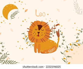 Leo zodiac sign. Cute banner with Leo, stars, flowers, and leaves. Astrological sign of the zodiac. Vector illustration.