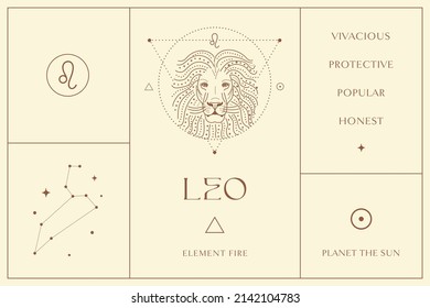 Leo Zodiac Sign Design, Esoteric Abstract Logo, Mystic Spiritual Symbols, Icons. Astrology, Moon and Stars, Magic Esoteric Art.