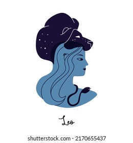 Leo zodiac sign. Female blue silhouette with a lion on her head. Vector illustration of an astronomical sign with a girl isolated on a white background. Horoscope with zodiac Leo.