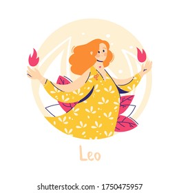 Leo zodiac sign. Fire. Female character and element of ancient astrology. Modern flat style. Isolated on white background