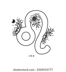 Leo zodiac sign with flowers, stars and moon, vector art, white background