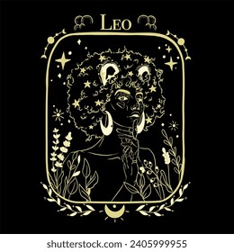 Leo zodiac sign in the form of an attractive girl with lush curly hair on a black background, depicted with golden lines.