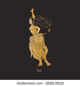 Leo zodiac sign. Girl riding the lion. Isolated astrological symbol in flat style with golden gradient. Vector illustration for label, logotype, clipart, print, web