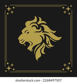 Leo zodiac sign horoscope astrology vintage card golden symbol with frame vector illustration. Mammal animal predator with mane mythology wild feline character head mythic celestial star design