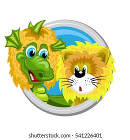 Leo. Zodiac sign. Horoscope. Dragon dressed like lion meets little lion