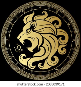 Leo. Zodiac sign. Horoscope. Gold  circle on a black background.