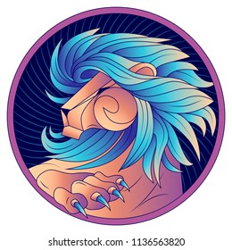 Leo zodiac sign, horoscope symbol. Lion with  blue mane and claws. Futuristic style icons. Head in profile, looking away. Raised Up Paw with sharp claws. Portrait lion at circle. Vector illustration.