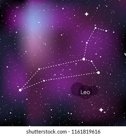 Leo zodiac sign. Horoscope symbol, linear constellation. Star universe background. Vector illustration