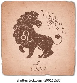 Leo zodiac sign horoscope vintage card. Vector illustration.