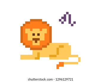 Leo Zodiac sign icon, 8 bit pixel art lying yellow lion isolated on white background. Astrological symbol. Esoteric science logo. Horoscope emblem.