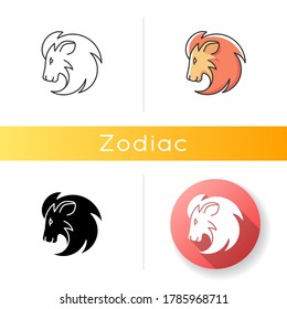 Leo zodiac sign icon. Astrology, horoscope lion. Linear black and RGB color styles. Exotic carnivorous predator, tropical zoo mascot. Lion head with mane isolated vector illustrations