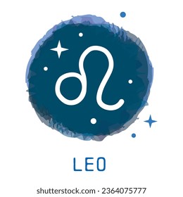 Leo, zodiac sign icon with caption. Vector dark blue round icon.
